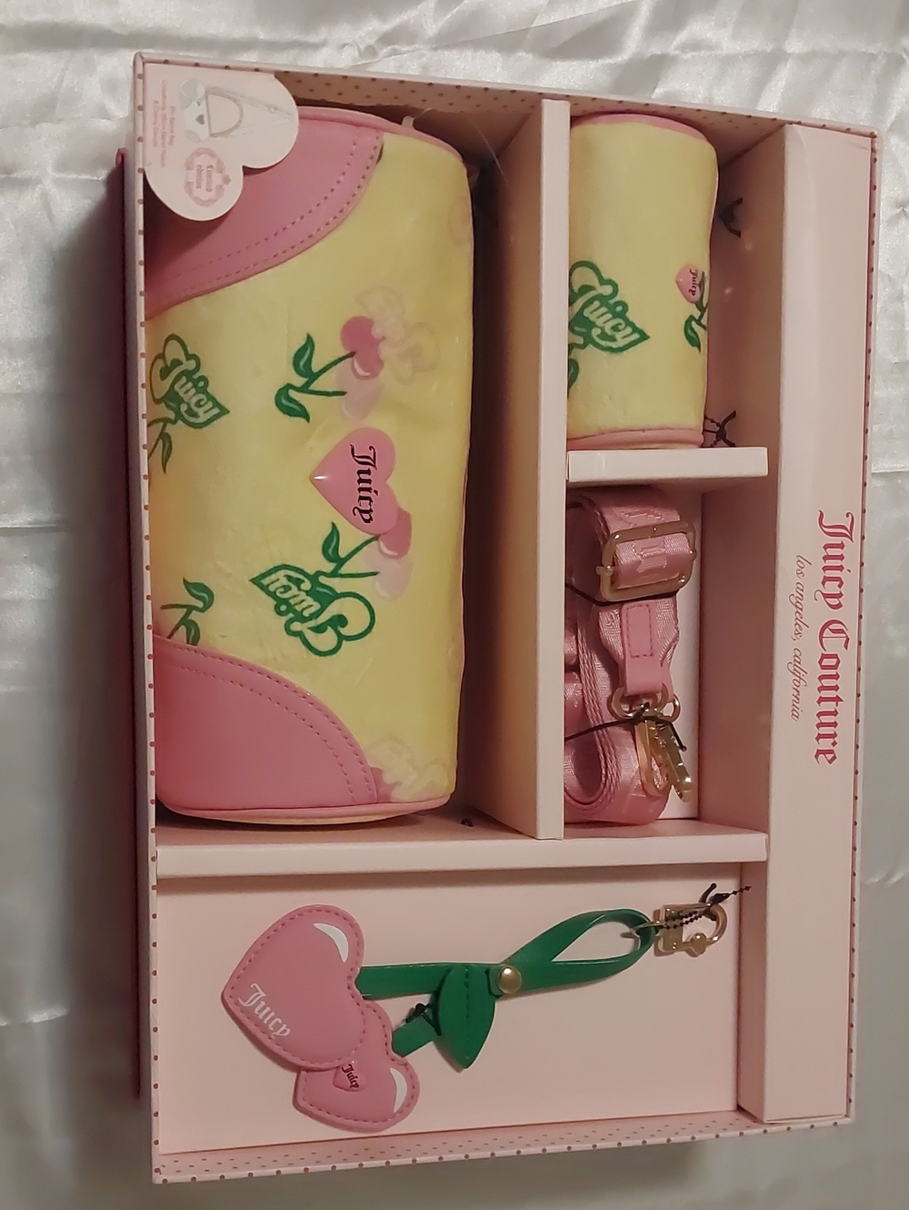 New Juicy Couture Pink & Yellow Cherry Print Barrel Bag Box Set